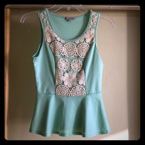 Teal peplum top w/ white lace detail